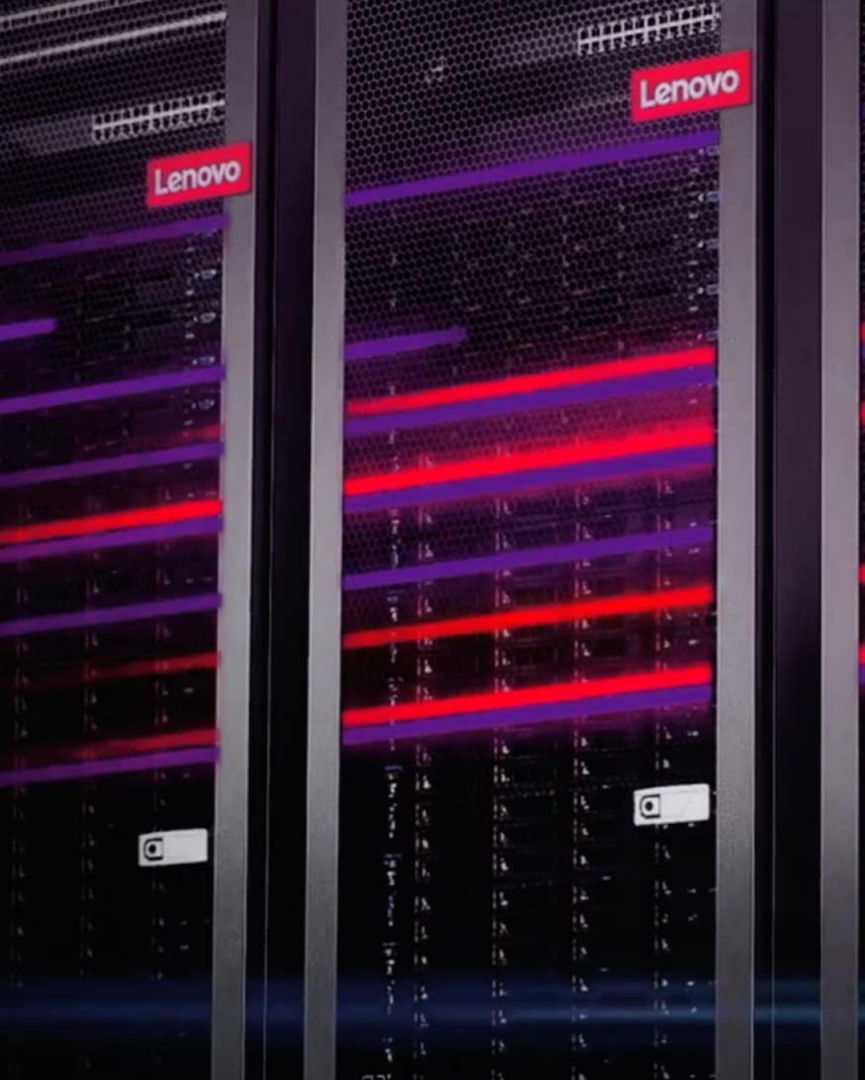 Lenovo servers with horizontal stripes of purple and red.