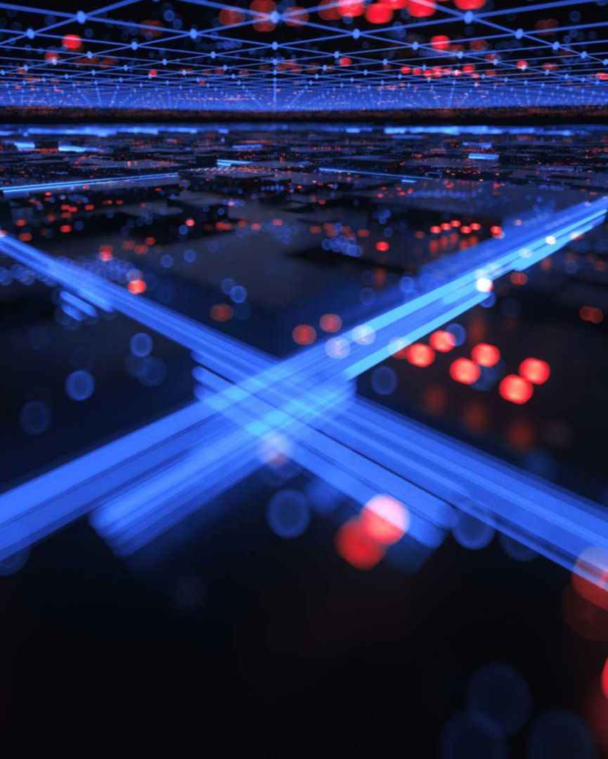 An abstract image of blue light beams forming a grid with red dots.