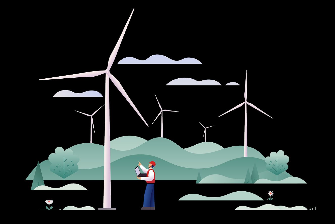 A graphic of an engineer holding a laptop pointing up at a wind turbine.