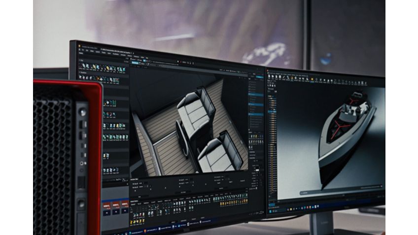 Dual-monitor workstation showing a modern design studio setup.