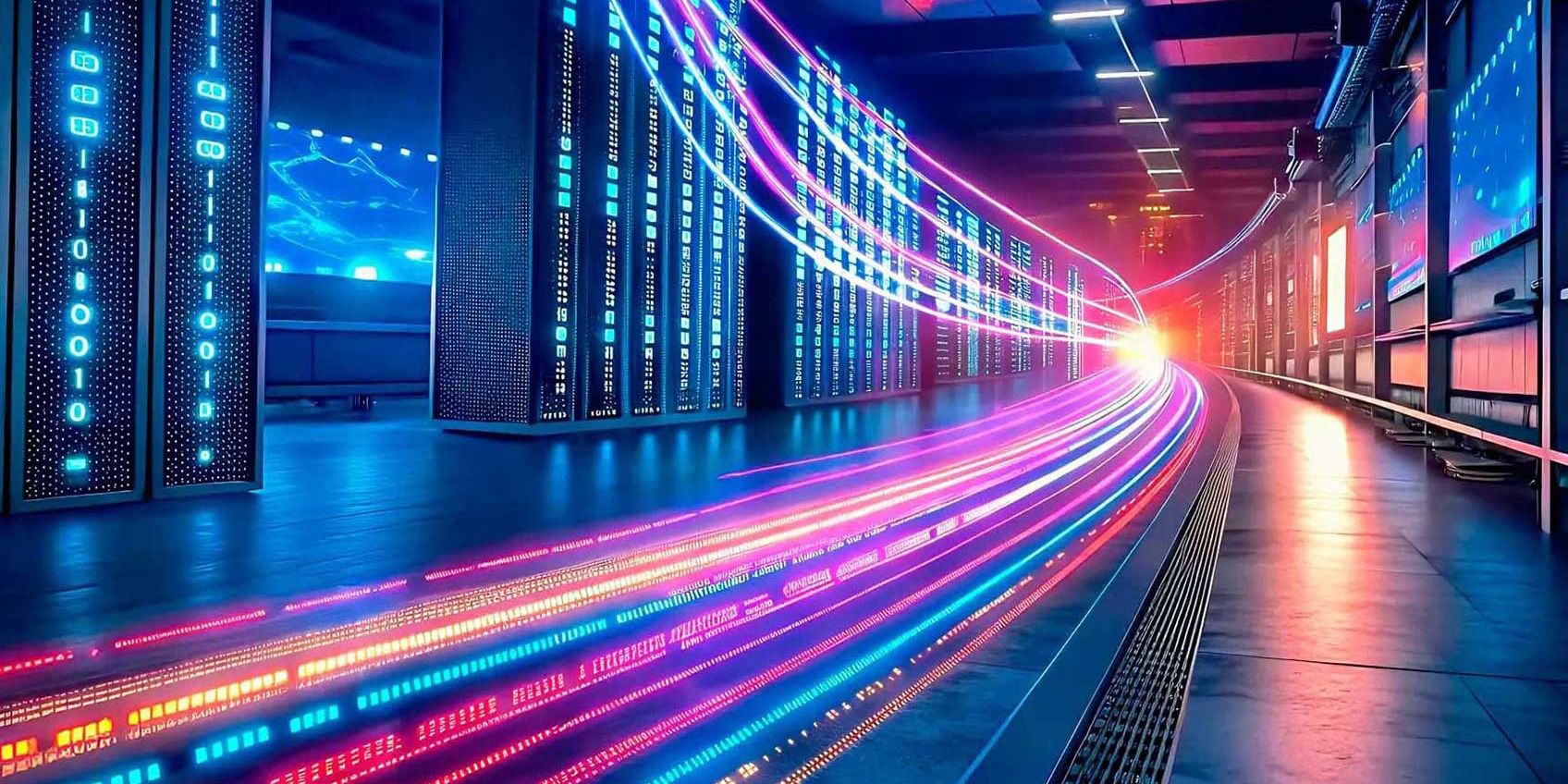 Colorful beams of light bending around a row of servers. 