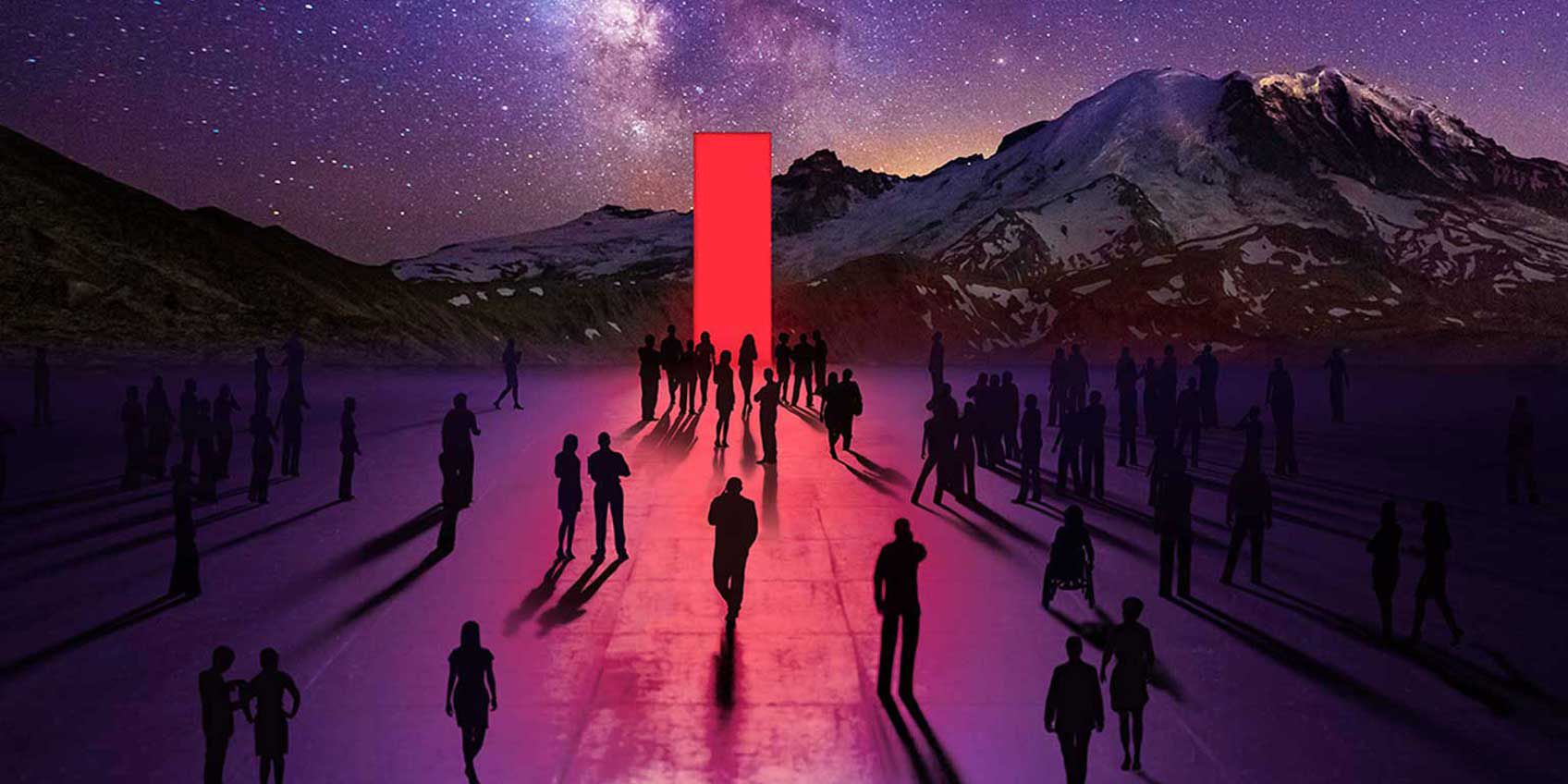 Silhouettes of people walking toward the red Lenovo portal with mountains and a night sky in the background.