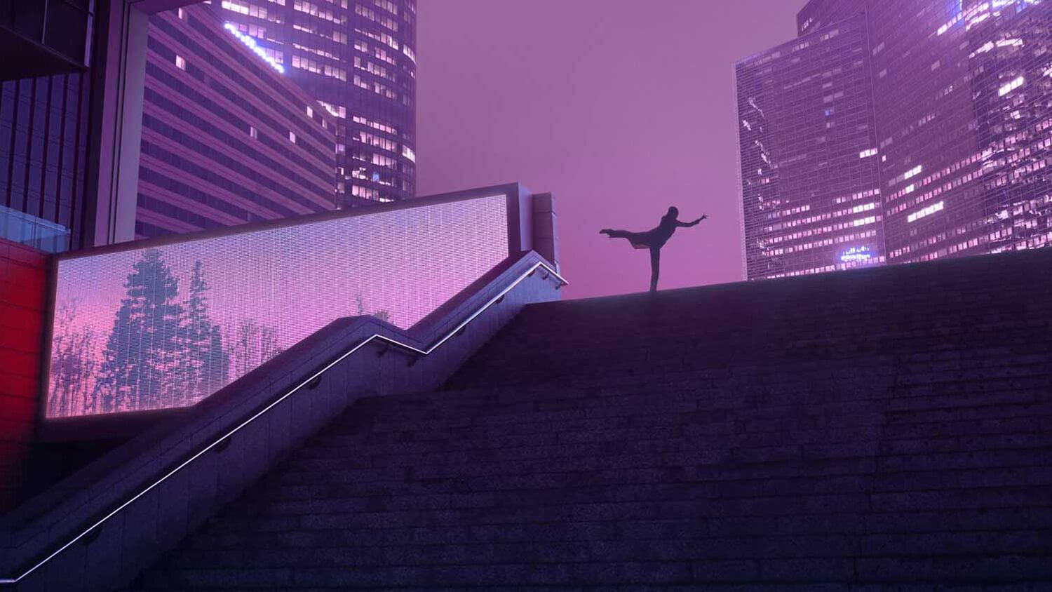 La silueta de una persona haciendo un arabesco en la parte superior de las escaleras frente a los rascacielos por la noche.