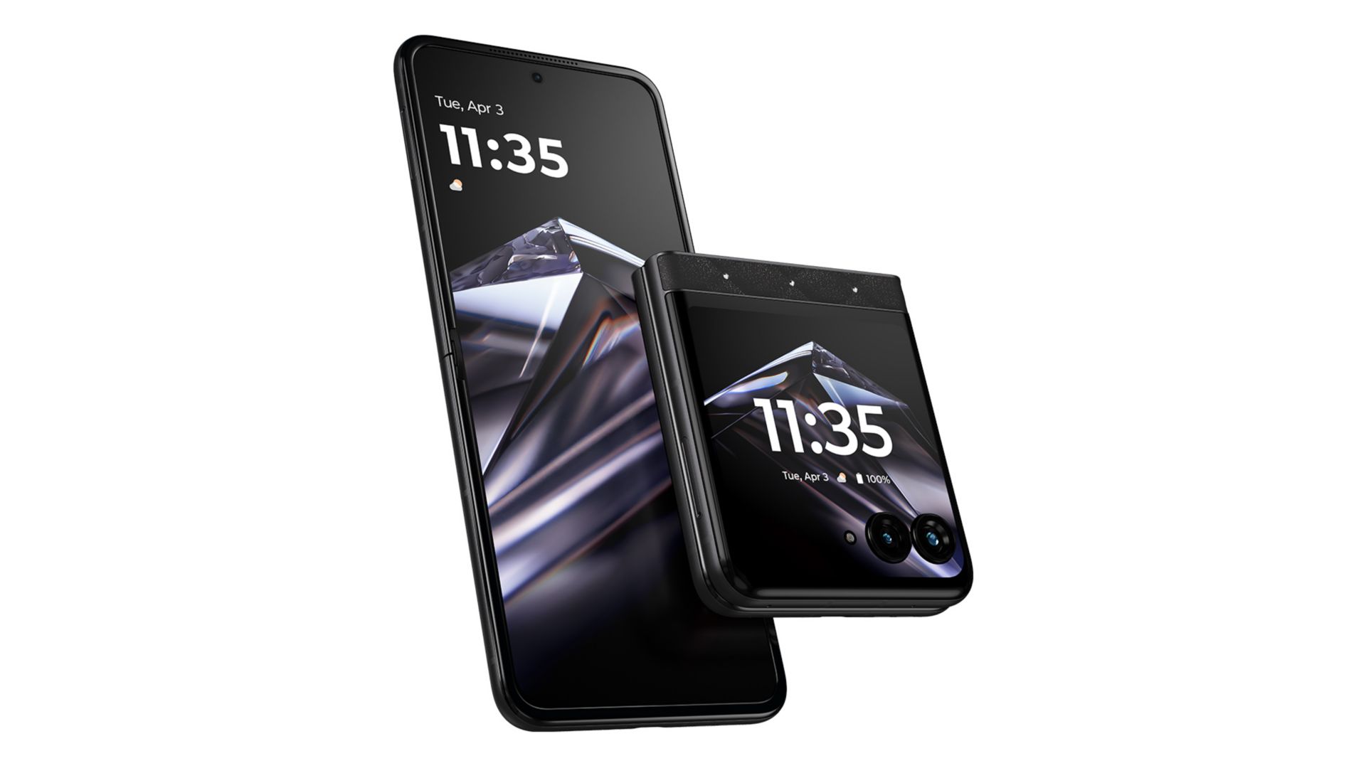 Front views of two motorola razr smartphones, folded and unfolded.