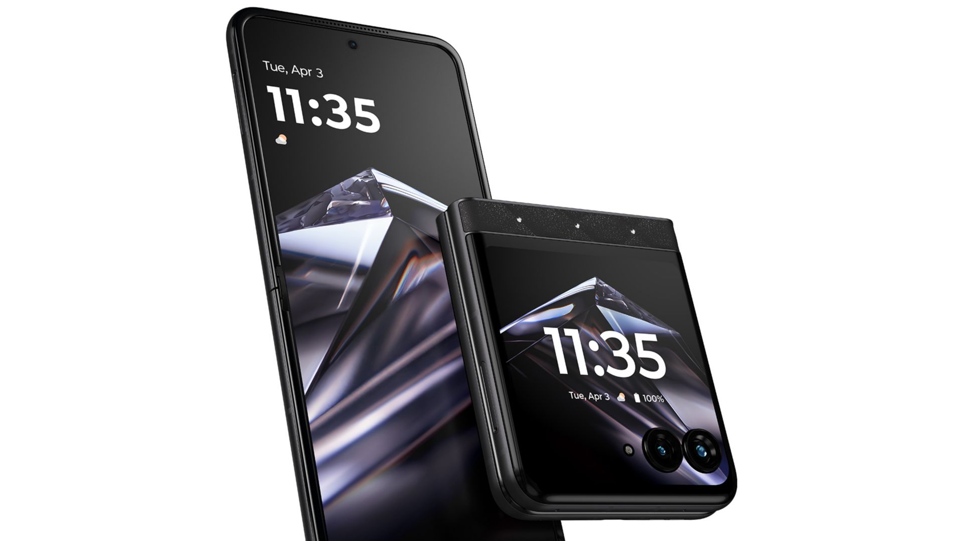 Front angle view of two models of the motorola razr 70 folded and unfolded.