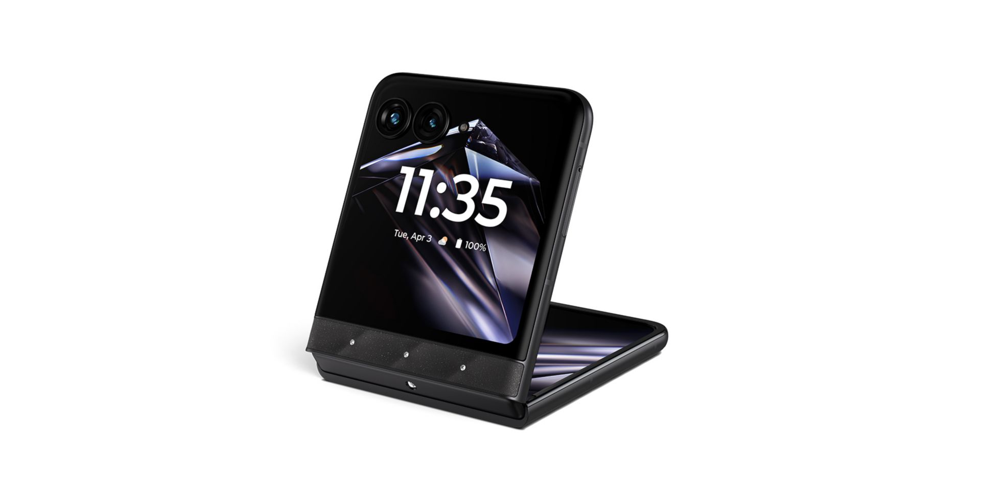 Front angle view of the motorola razr 70 partially folded. 