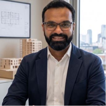 A smiling bearded man wearing black rectangular glasses, a navy blazer, and white button-down shirt, seated or standing in an office with architectural models and a city skyline visible behind him.