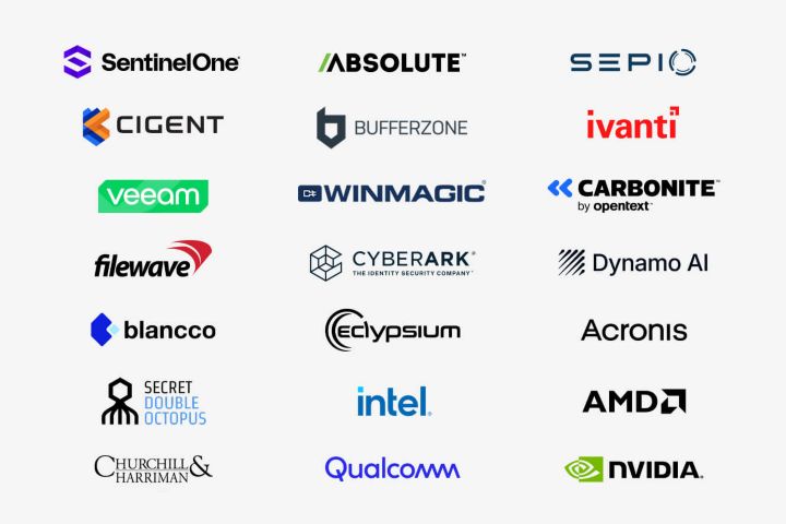 Logotipos de parceiros da Lenovo, incluindo SentinelOne, Absolute, Sepio, Cigent, Bufferzone, Ivanti, Veeam, Winmagic, Carbonite by OpenText, Filewave, Cyberark, DynamoAI, Blancco, Eclypsium, Acronis, Secret Double Octopus, Intel, AMD, Churchill & Harriman, Qualcomm e NVIDIA.