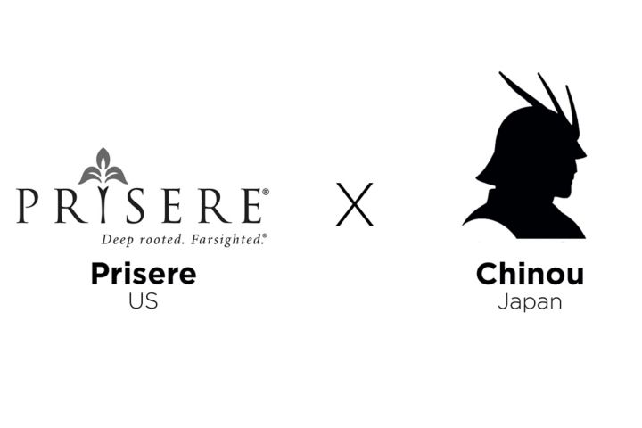 白い背景に黒い文字で「PRISERE」と表示され、その下に「米国」という文字があります。その後に「X」、そして黒い抽象的なシルエットが配置されています。シルエットは縦長の幾何学的な形に見え、左下から不規則で斜めに伸びた部分があります。その下に「日本」という文字があります。