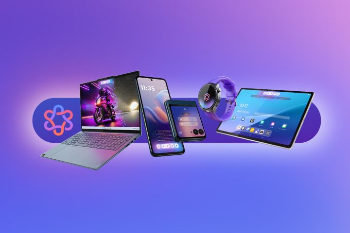 A laptop, a tablet, and smartphones hover before an image of the Qira interface.