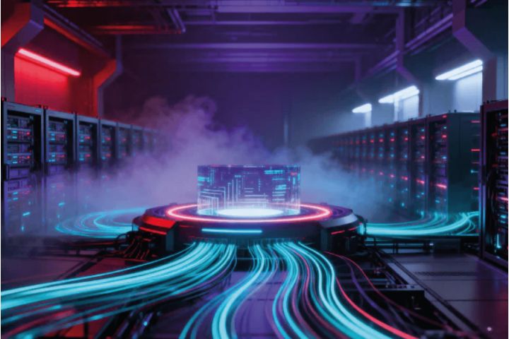 Futuristic server room with a glowing holographic core and neon light trails.
