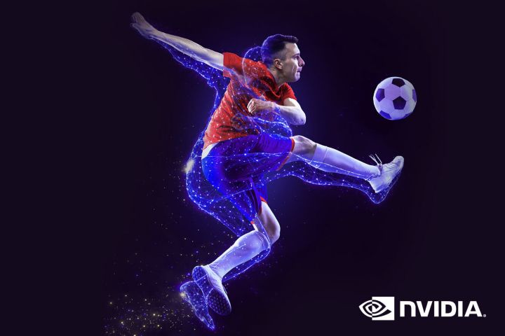 A soccer player mid-kick, half rendered in glowing blue digital particles, with the NVIDIA logo.