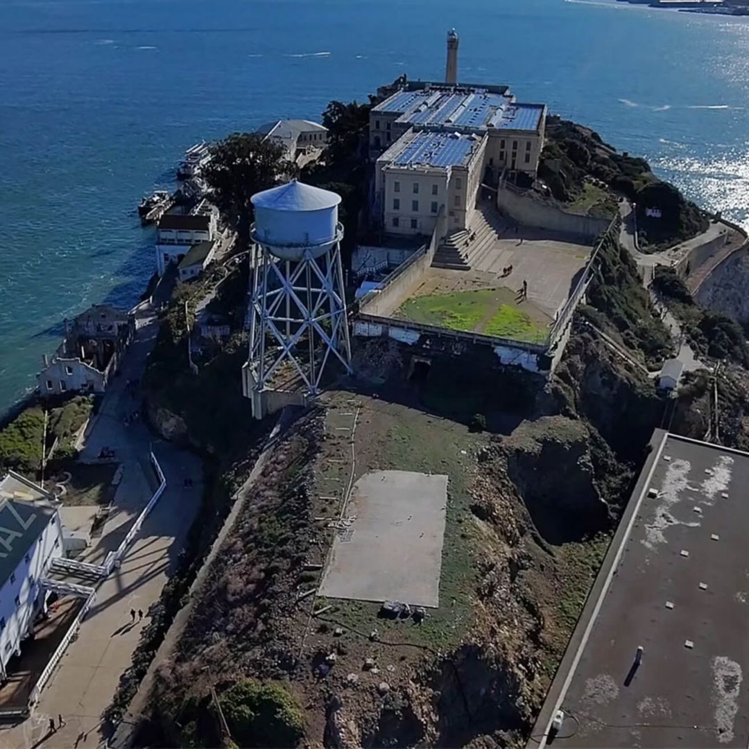 An aerial shot of Alcatraz.