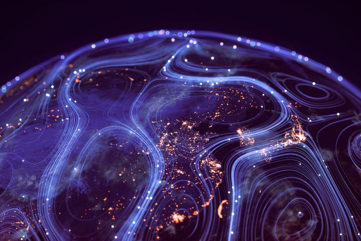 A globe-like shape with blue swirling lines and gold dots.