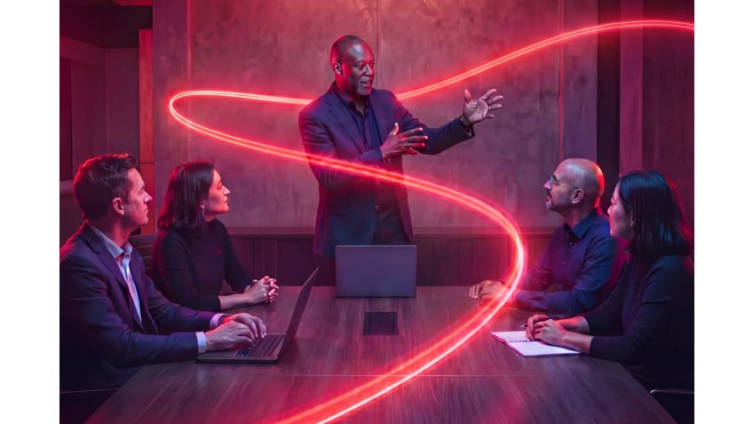 A man presenting in a dimly lit conference room and a red light swirling around him.