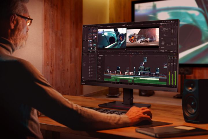 A man using a mouse to edit a video of cars on his monitor.    
