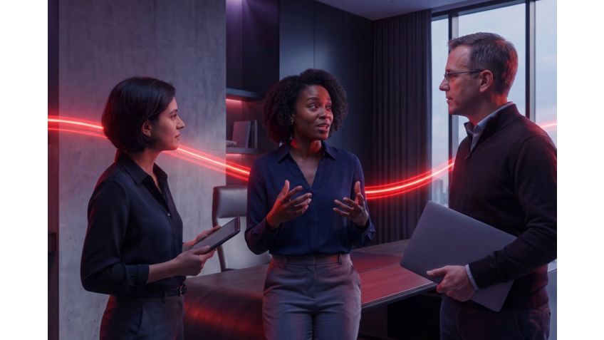 Three colleagues standing in a dim office with a red light swirling behind them.