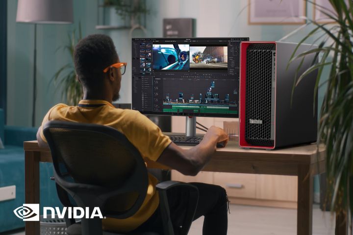 A man editing video on his ThinkStation.