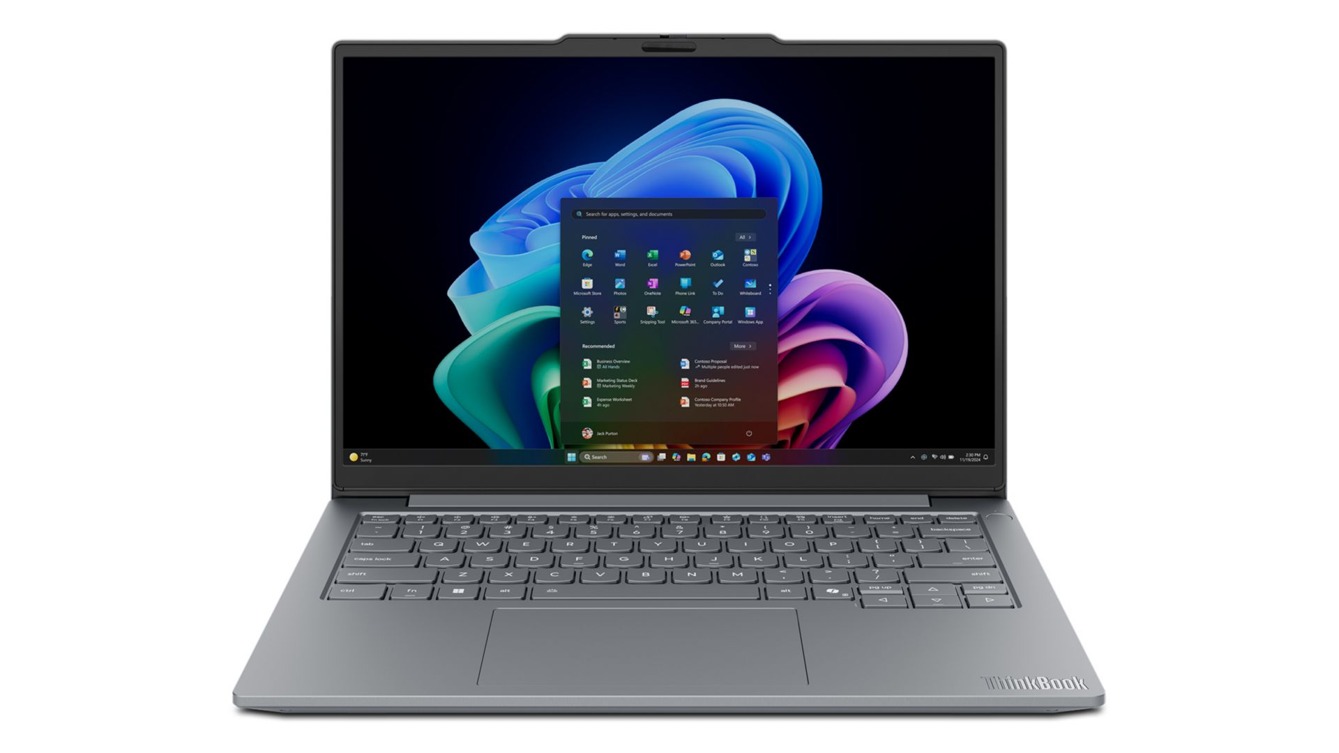 Front view, showing display, of the ThinkBook14 Gen 9 (14” Snapdragon). 