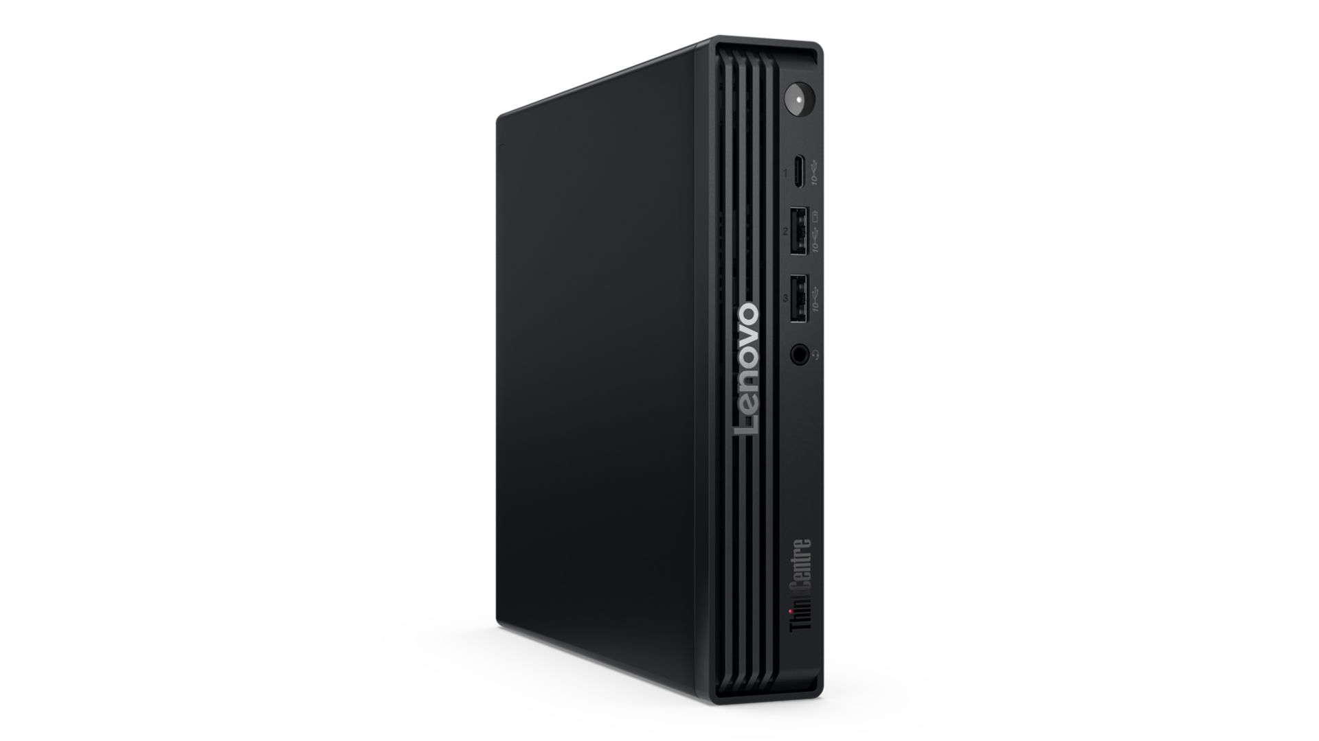 Front left angle view of the ThinkCentre M75q Gen 6 (1L AMD). 