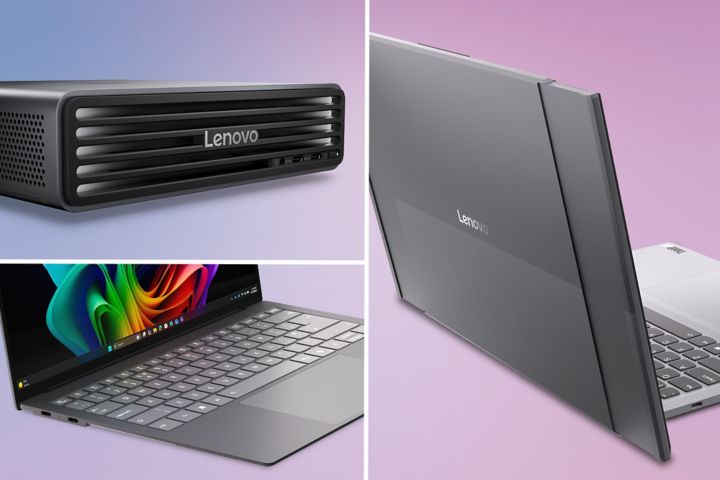 The ThinkCentre X Ultra, a rollable laptop and a Project Aeroblade laptop in separate panels.