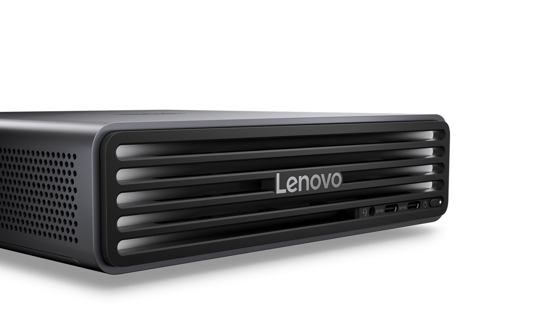 Closeup of the front of the ThinkCentre X Ultra desktop PC.