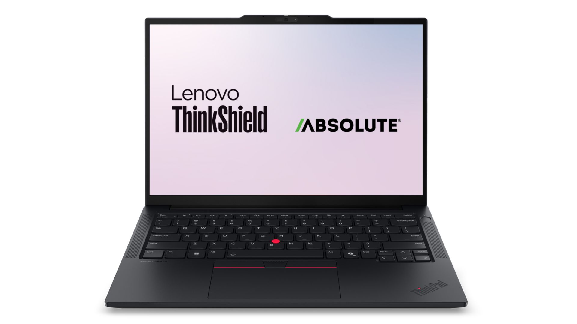 Front view of a ThinkPad laptop with Lenovo ThinkShield and Absolute logos on the display.