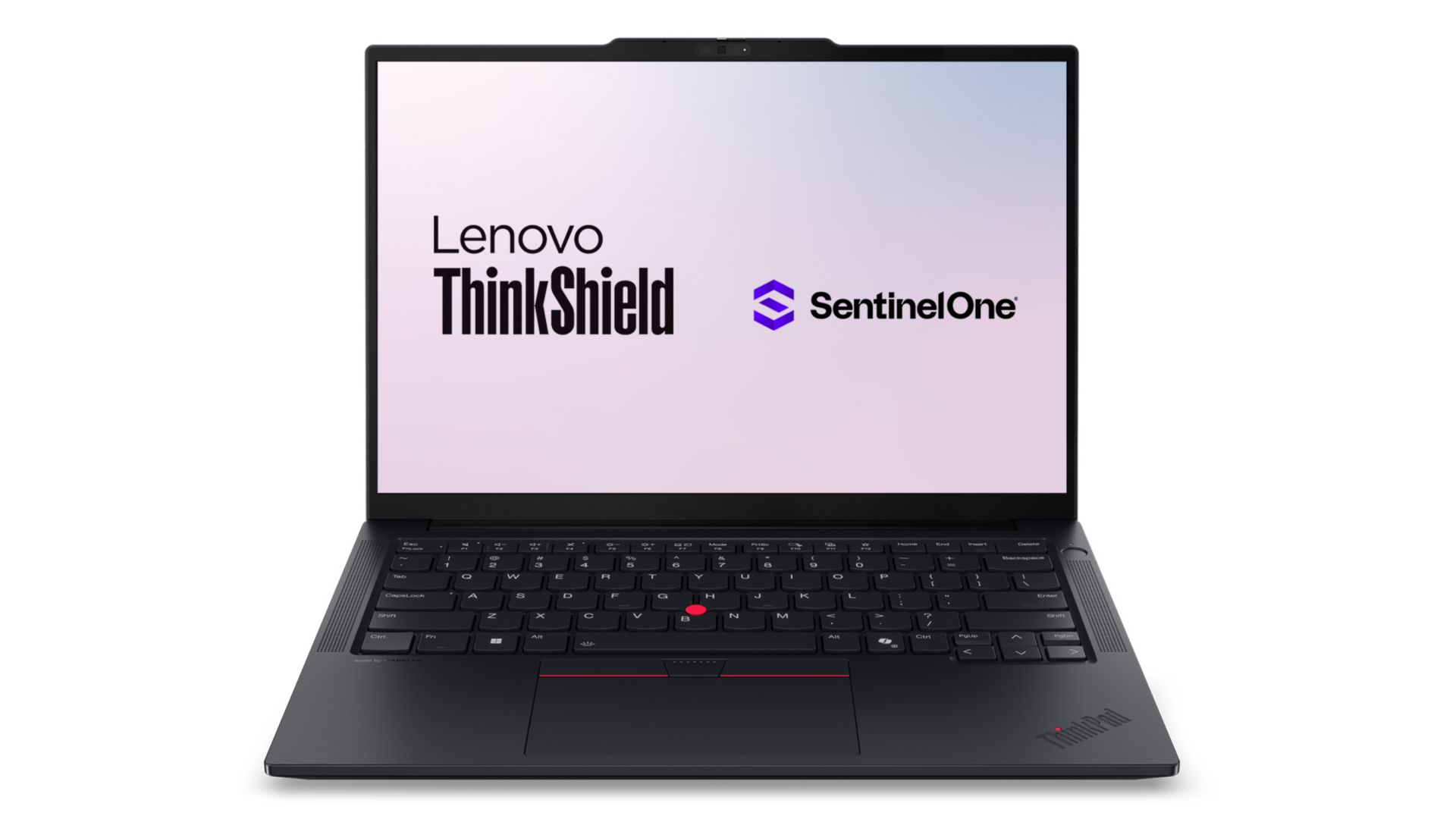Front view of a ThinkPad laptop with Lenovo ThinkShield and Sentinel One logos on the display.
