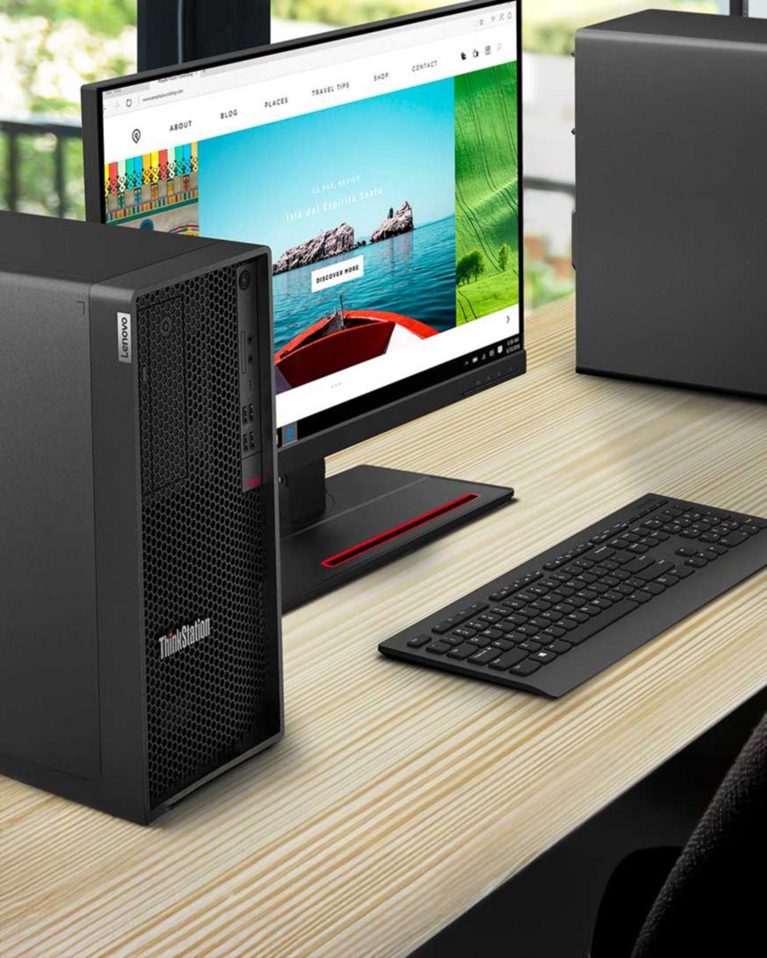 A ThinkStation computer on a desk. 