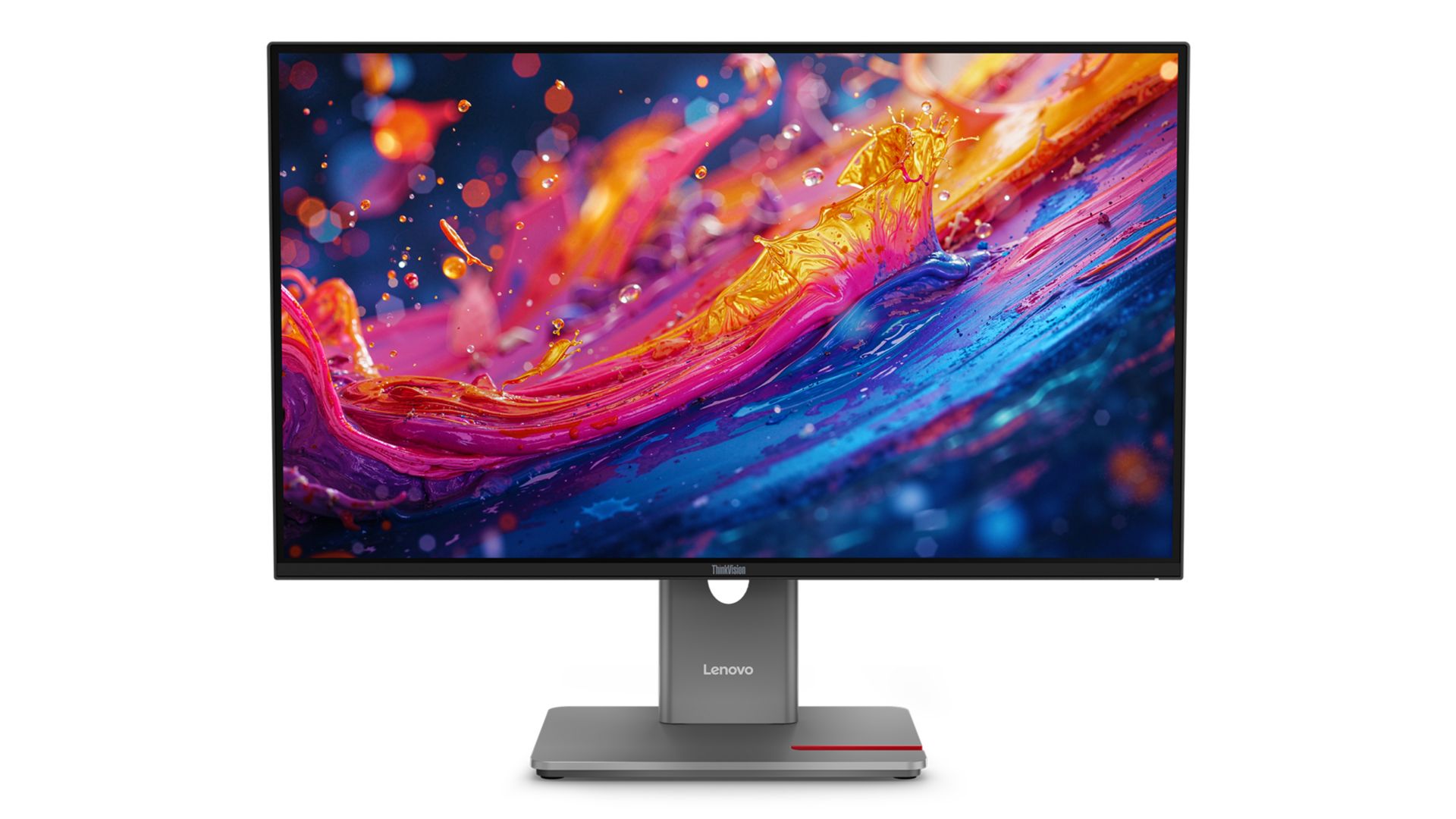 Front view, with a colorful design on the display, of the ThinkVision P27UL-40.  