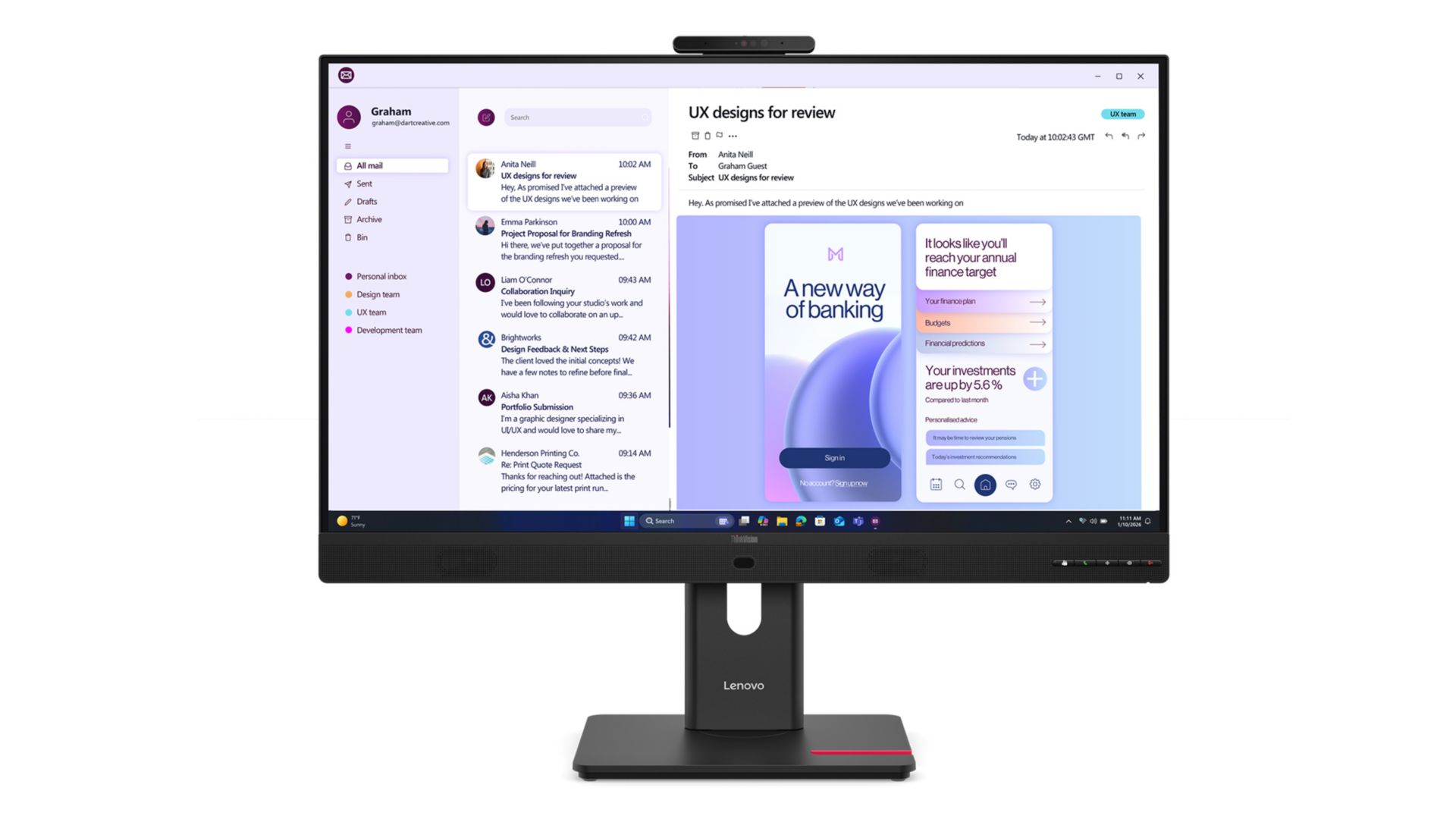 Front view with an email application on the display, of the ThinkVision T32UD-4v.