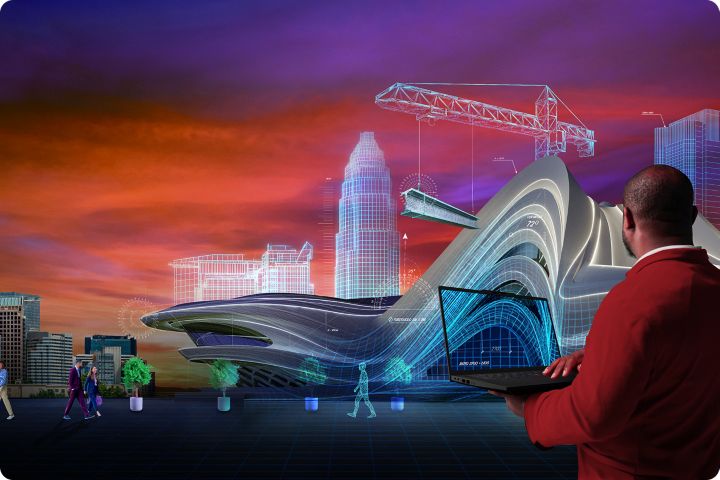 Architect using a laptop to review a 3D architectural visualization of a futuristic city building