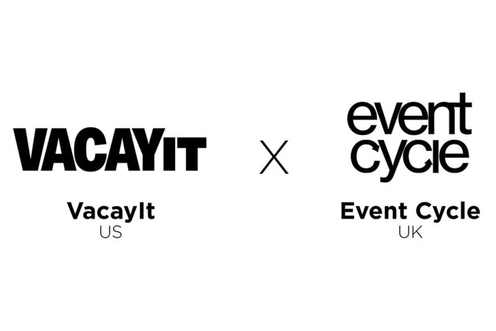 Black circular logo with “event cycle” written in white lowercase letters over the word UK then an X and the word “VACAYIT” in bold, uppercase black lettering, with the letters presented in a thick, block-style typeface over the word US