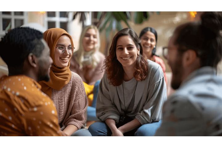 A diverse group of people smiling. 