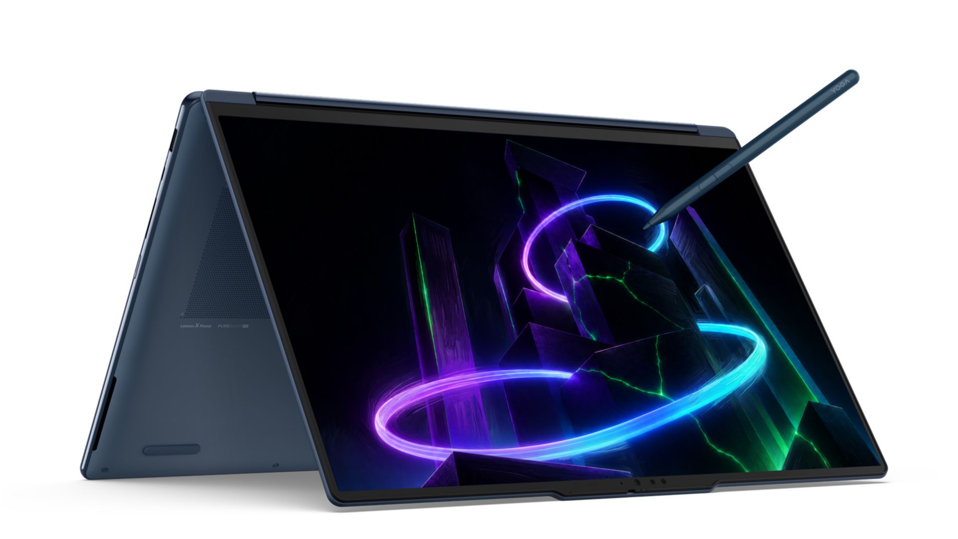 The Lenovo Yoga 9n 2-in-1 (16” Snapdragon) in tent mode with a stylus hovering over the display.  