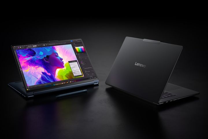 Two Yoga laptops, one in laptop mode, the other in presentation mode.