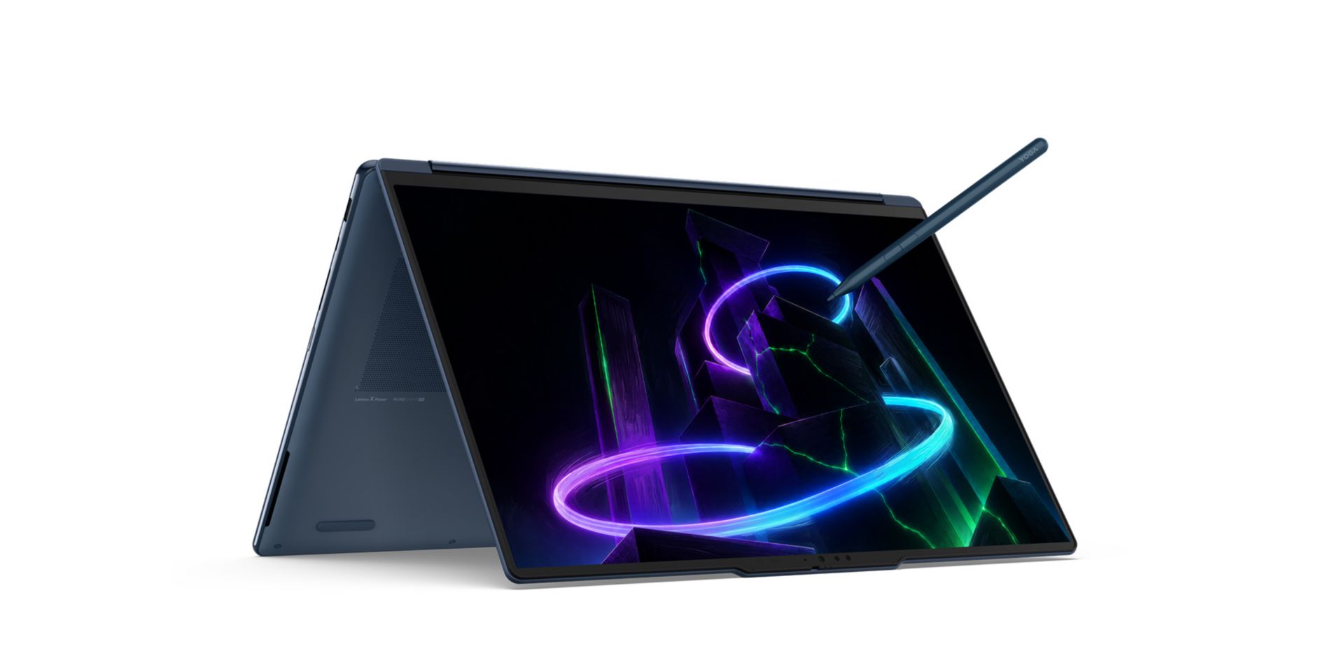 The Yoga 9n 2-in-1 laptop in tent mode with a stylus.