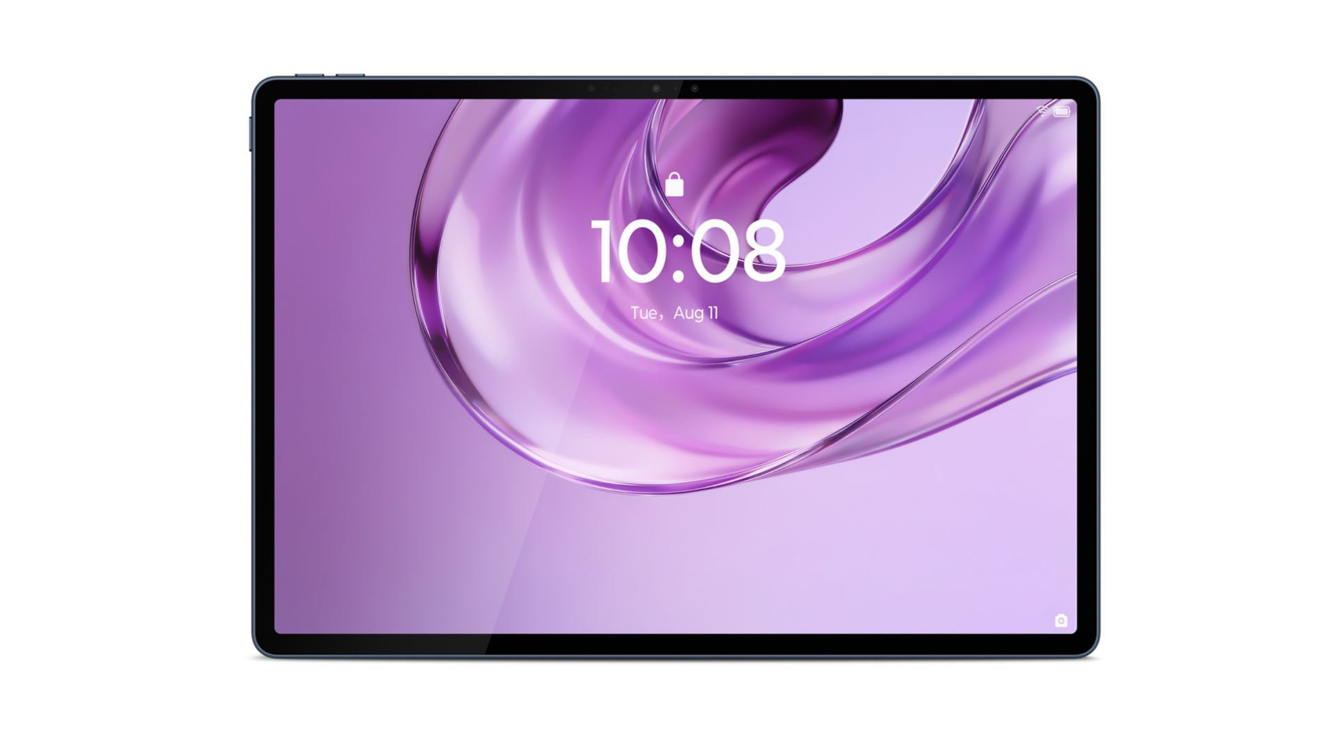 The display, with a whirling purple design on the screen, of the Yoga Tab Plus Gen 2. 