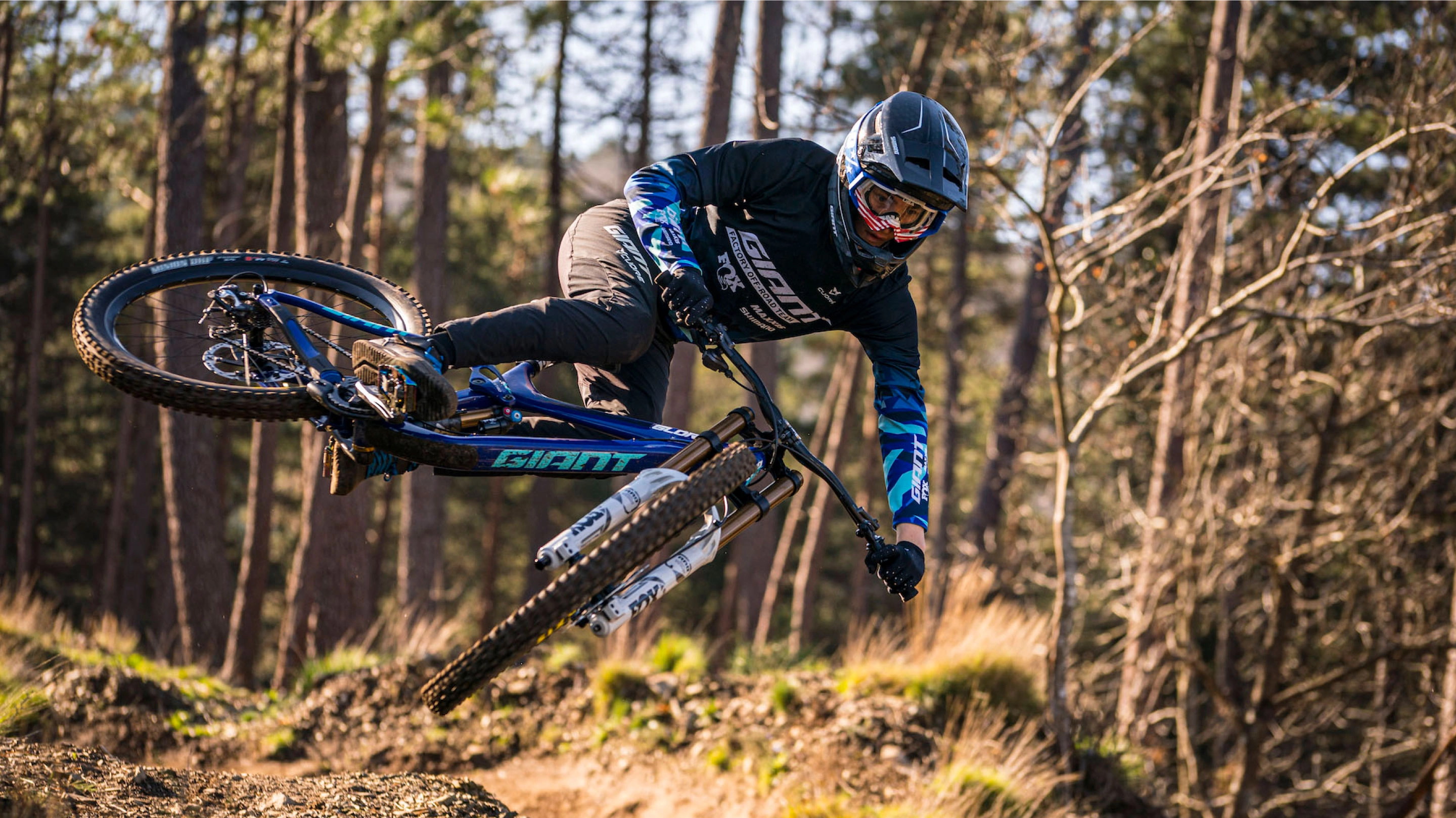 giant biker out in the woods