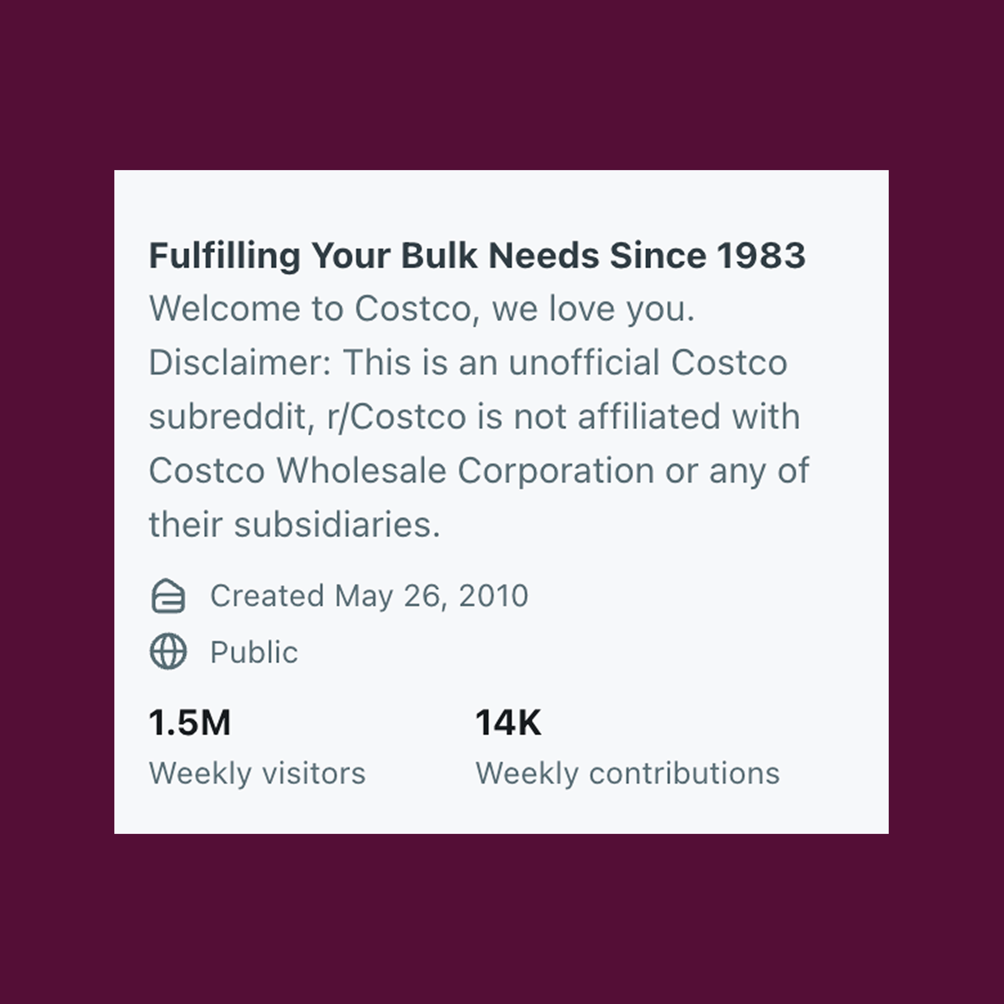 The Costco subreddit, drawing 1.5MM weekly visitors