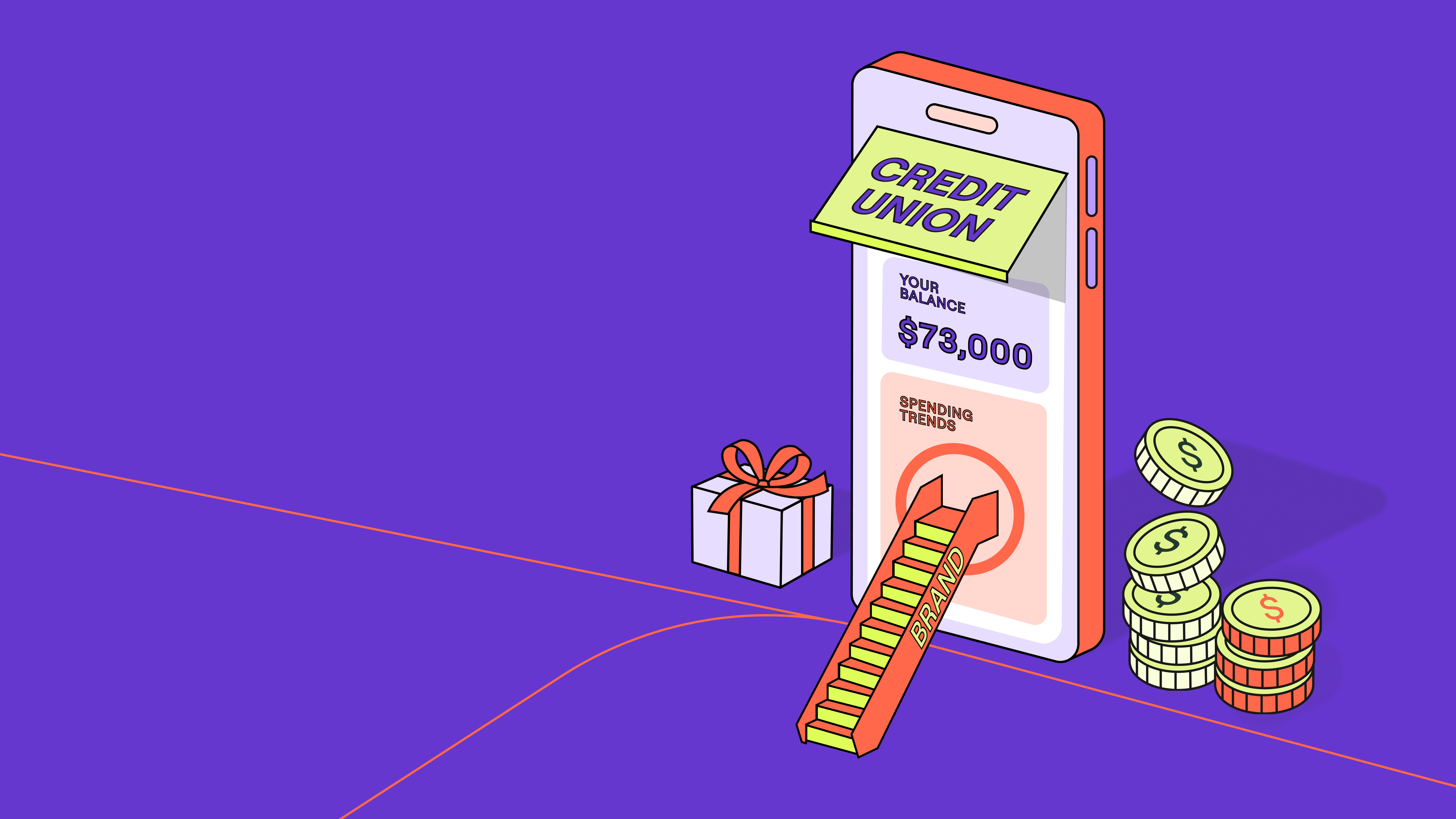 Illustration of a phone displaying a bank balance designed to resemble the front of a credit union building with an awning