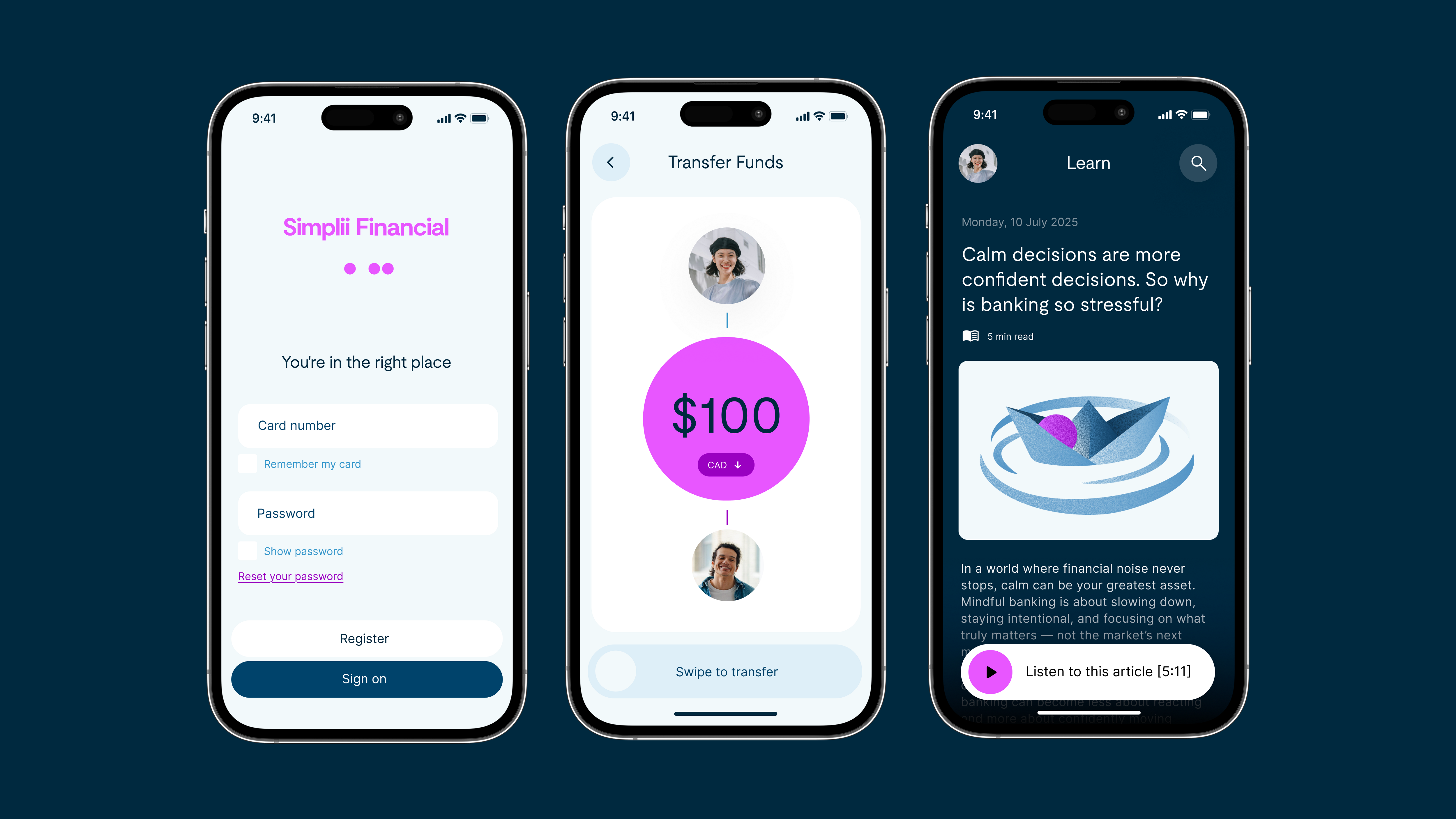 Three smartphones showing the Simplii Financial app sign-in, money transfer, and financial education screens.