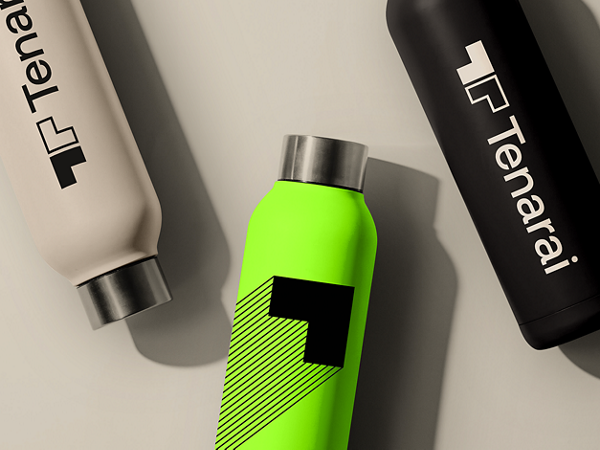 Three Tenarai-branded water bottles in cream, bright green and black.
