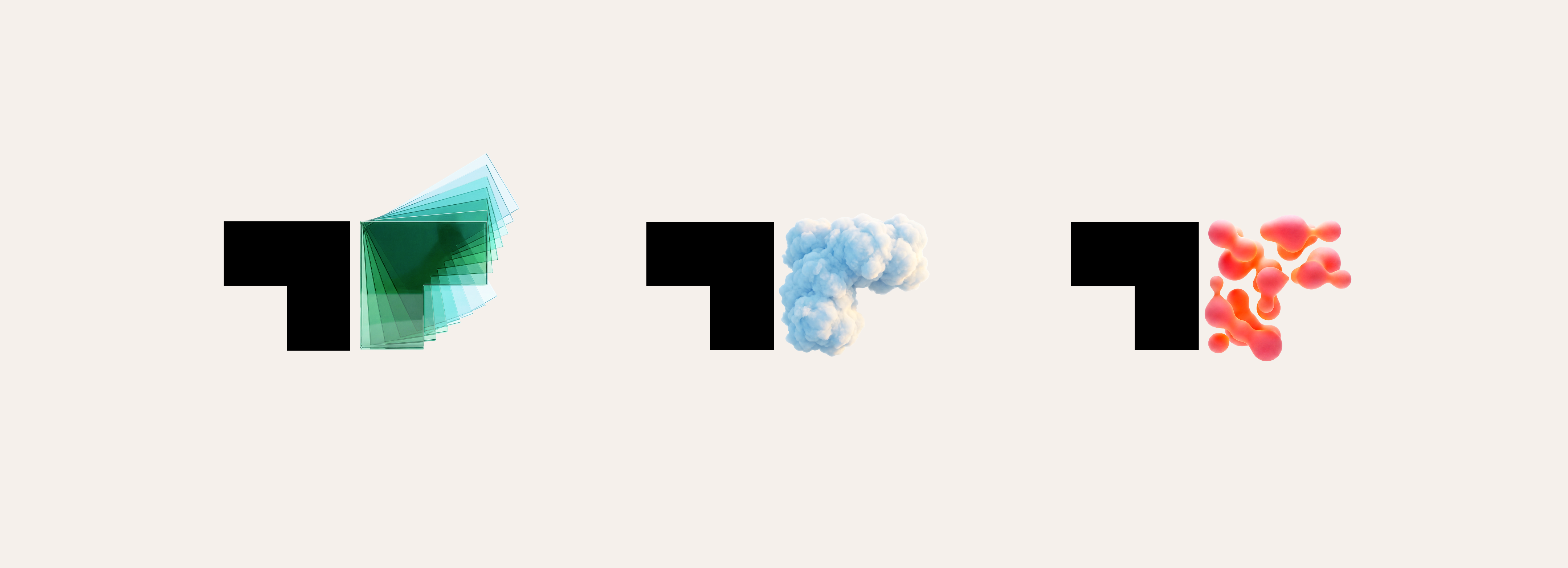 Three variations of the Tenarai symbol paired with translucent geometric, cloud-like and organic forms.