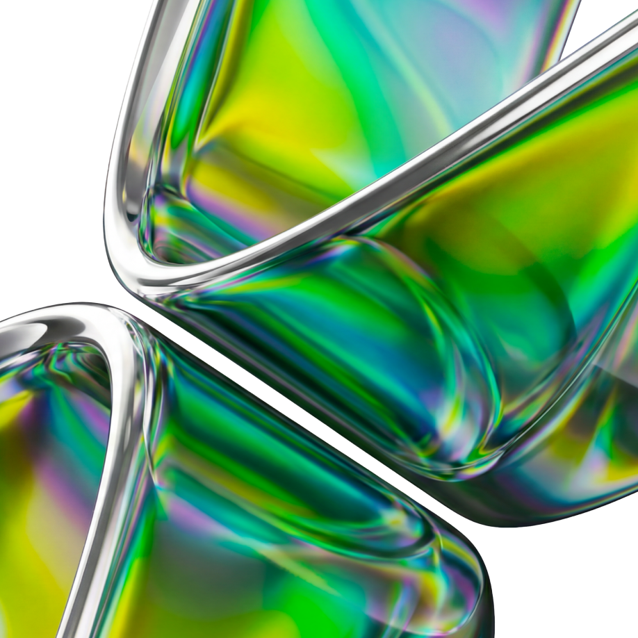 Abstract iridescent glass-like forms in vivid green, blue, yellow and purple.