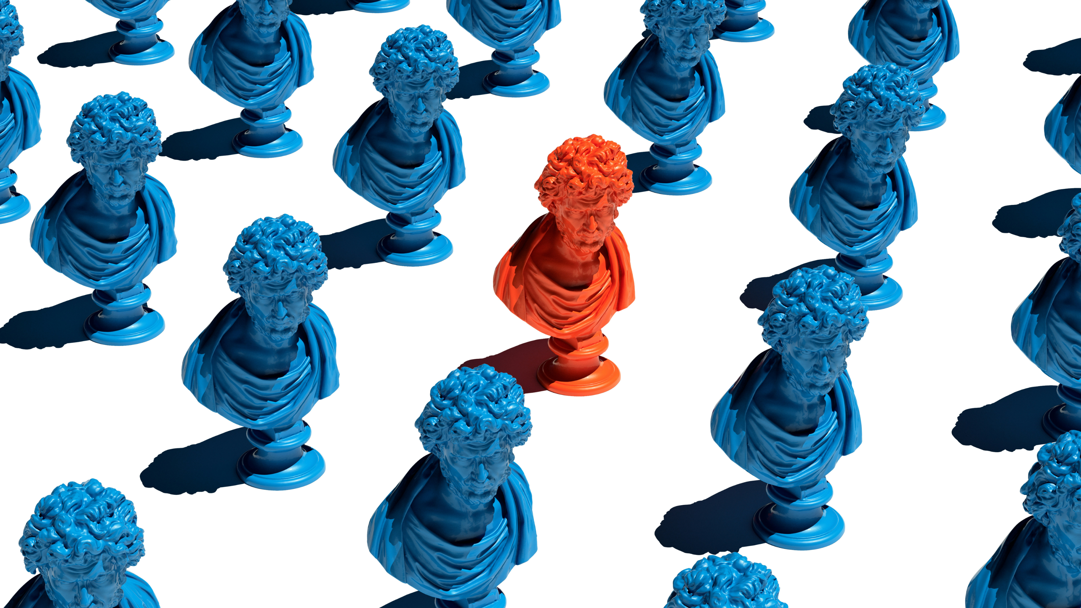 A red bust statue stands out among a repeating pattern of pale blue bust statues.