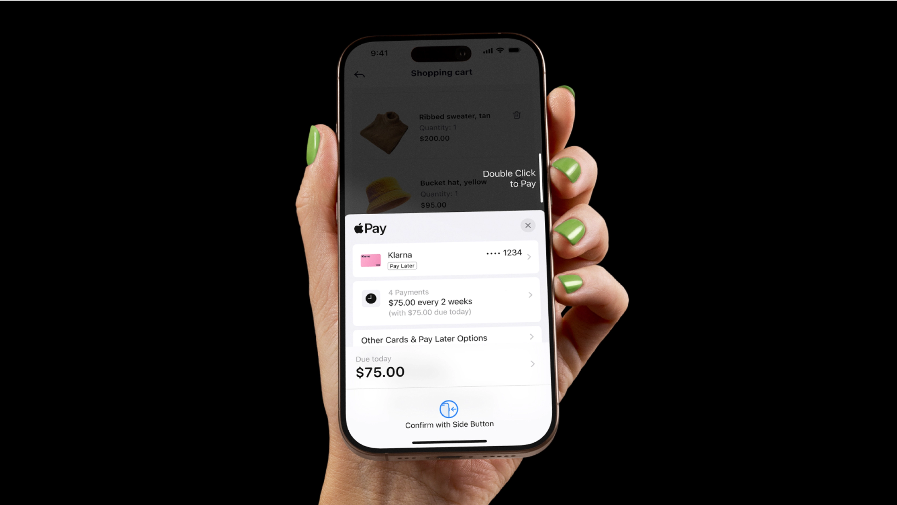 Apple Pay and Klarna’s integration makes for more efficient payment processing in Apple Pay, while also elevating Apple’s storefront within the Klarna app.