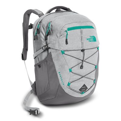 gray and mint north face backpack