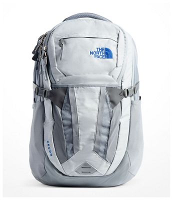 white and blue north face backpack