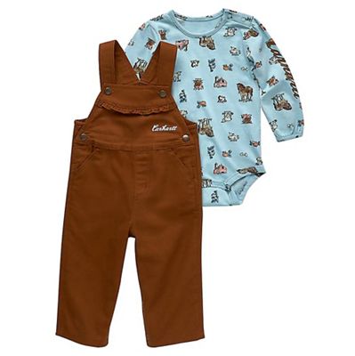 Carhartt Infant Girls' Woodland Printed LS Bodysuit and Canvas Overall - 2 pcs Set